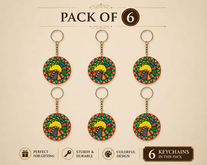 [Pack of 6] Hand-Painted Wooden Keychain – Madhubani Inspired