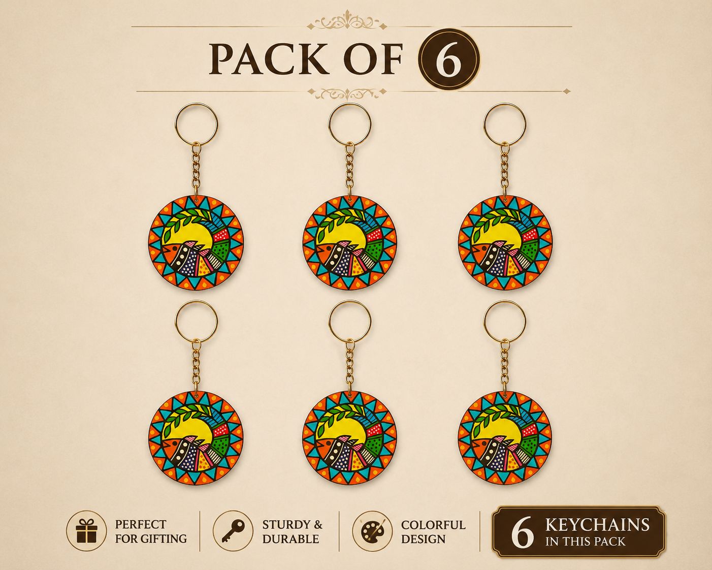 [Pack of 6] Hand-Painted Wooden Keychain – Madhubani Inspired
