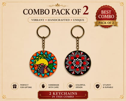 Combo of Hand-Painted Wooden Keychain – Madhubani Inspired Combo of Hand-Painted Wooden Keychain – Madhubani Inspired