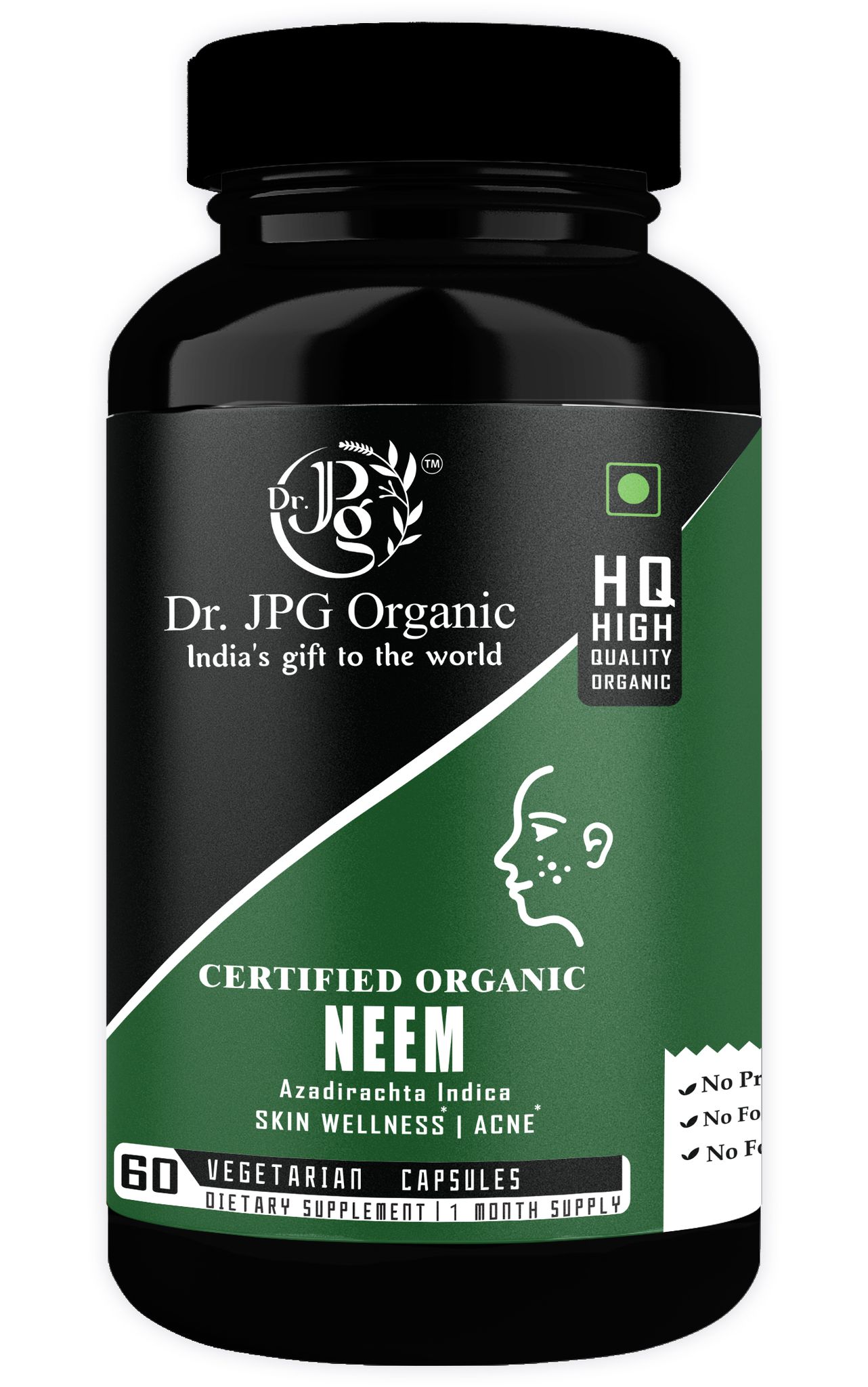 Dr JPG Organic Herbals  Neem Capsules For Skin Wellness & Acine  500mg 60 Veg. Capsules | INDIA ORGANIC Certified