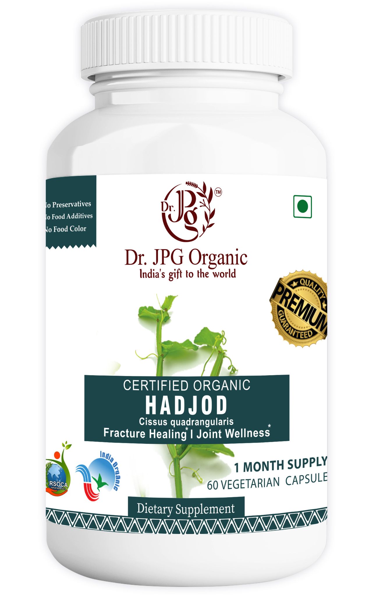 Dr JPG Organic Herbals Hadjod Capsules For Bone Strength  500mg, 60 Veg. Capsules/INDIA ORGANIC Certified (Pack Of 1)