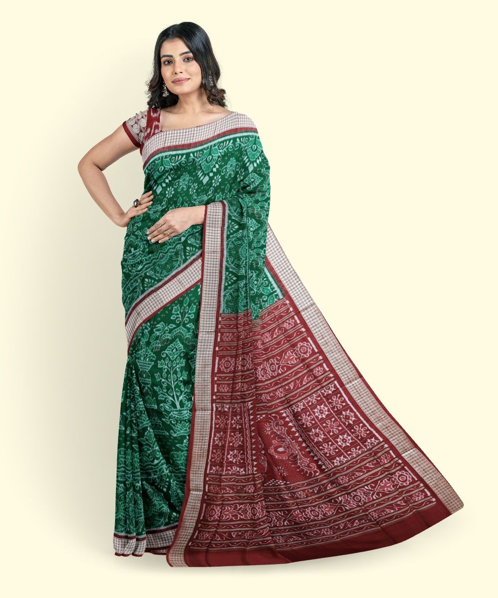 Green Red Sambalpuri Handwoven Ikat Silk Saree SFSSAR2344