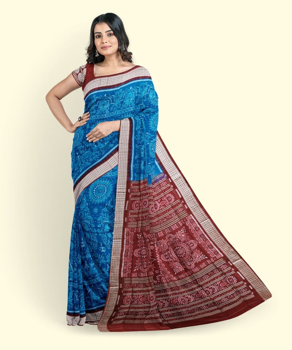Pink Blue Sambalpuri Handwoven Ikat Silk Saree SFSSAR2347