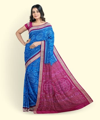 Blue Red Sambalpuri Handwoven Ikat Silk Saree SFSSAR2348