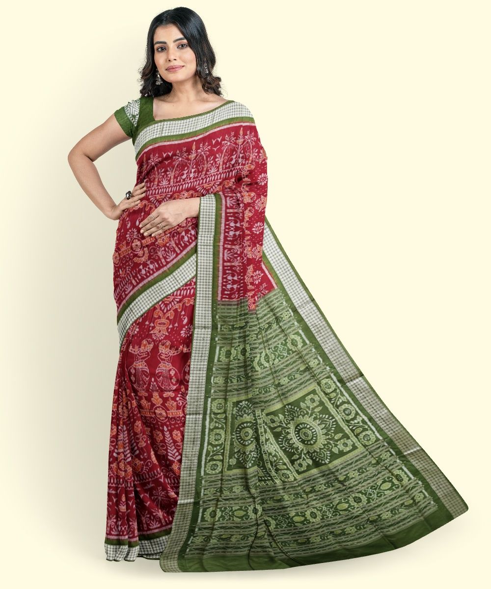 Red Green Sambalpuri Handwoven Ikat Silk Saree SFSSAR2349