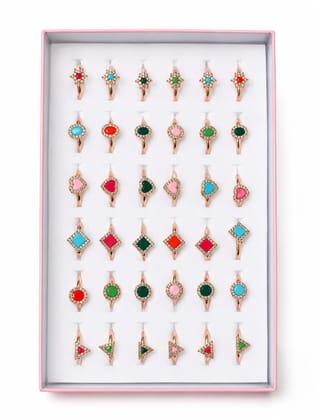 36-Piece Set of Assorted Adjustable Multi-Color Stone Rings in Pink Gift Box