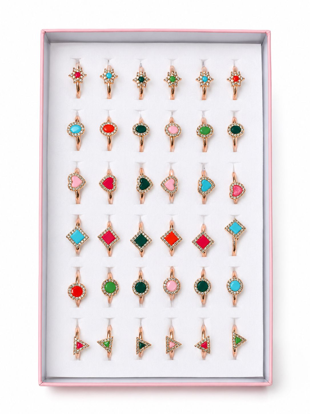36-Piece Set of Assorted Adjustable Multi-Color Stone Rings in Pink Gift Box