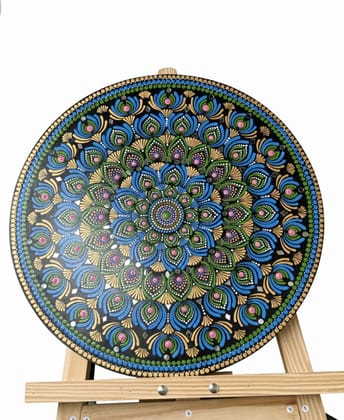 Peacock Feather Dot Mandala Art on Round MDF Board - Blue, Green & Gold