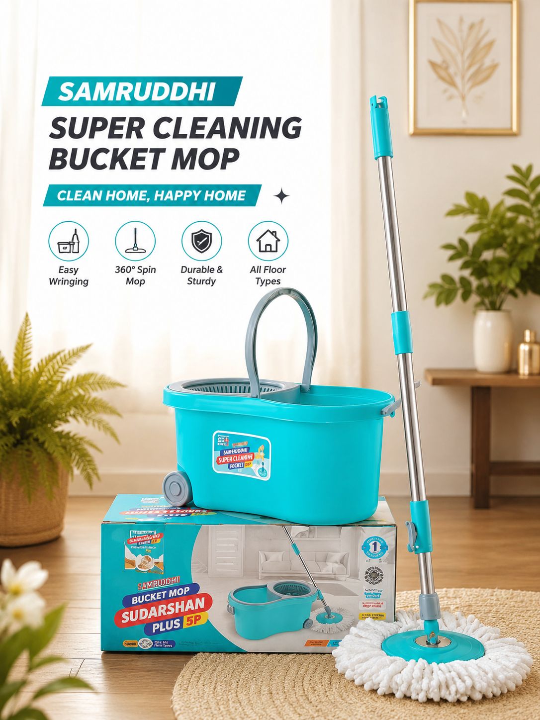 Samruddhi Sudarshan Plus PP Bucket Spin Mop with Wheels