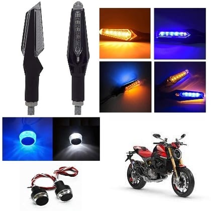 PECULIAR ZONE DUAL2PCS+HANDLE BLUE WHITE Universal LED Indicators for Motorbikes - Set of 2 Dual Tone Yellow & Blue Blinker Lights, Waterproof ABS Plastic Body 