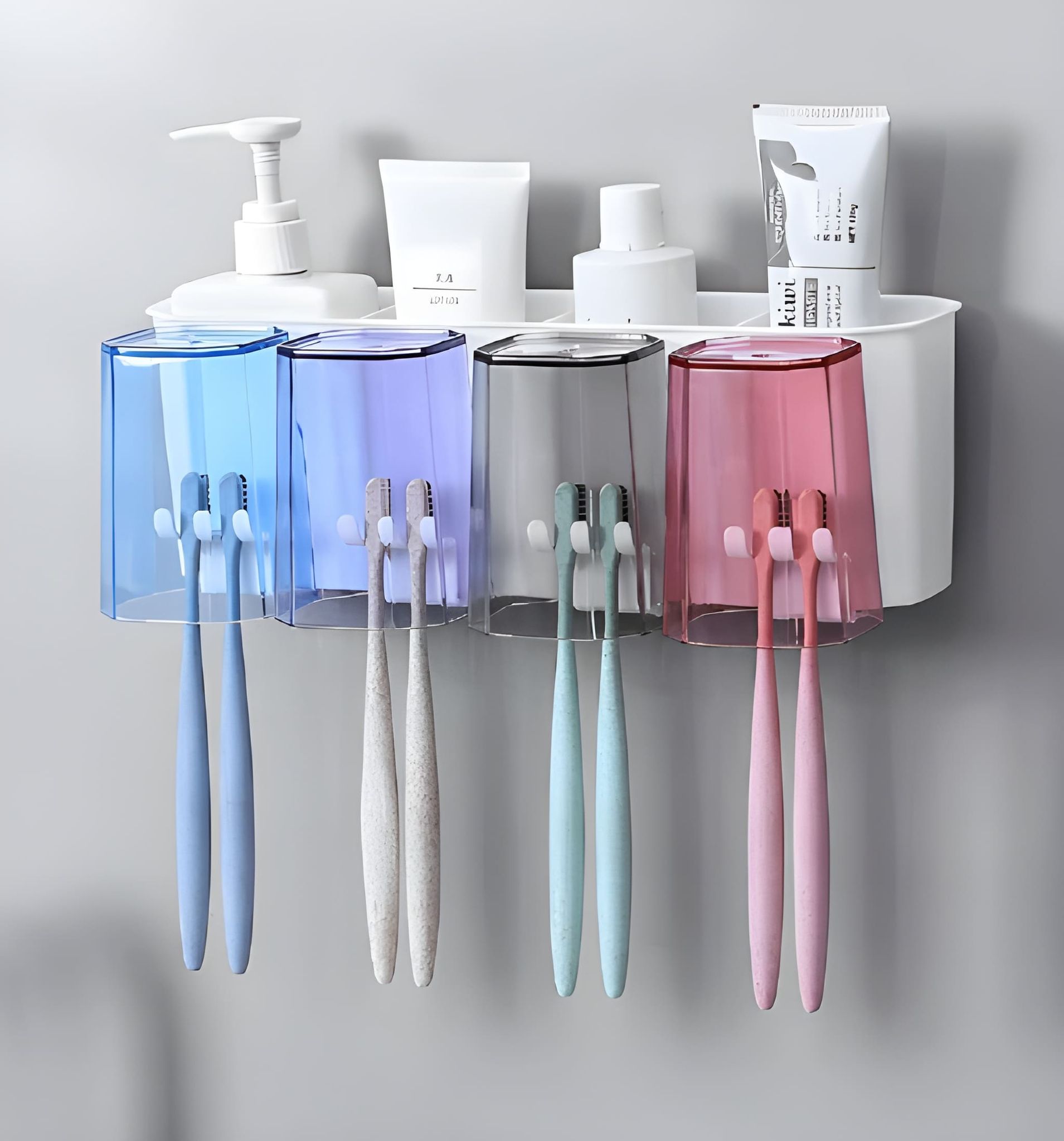 Plastic Toothbrush Holder Wall Mounted with 4 Cups – Bathroom Organiser Toothbrush & Toothpaste Storage Stand, Self Adhesive Brush Holder for Bathroom Wall