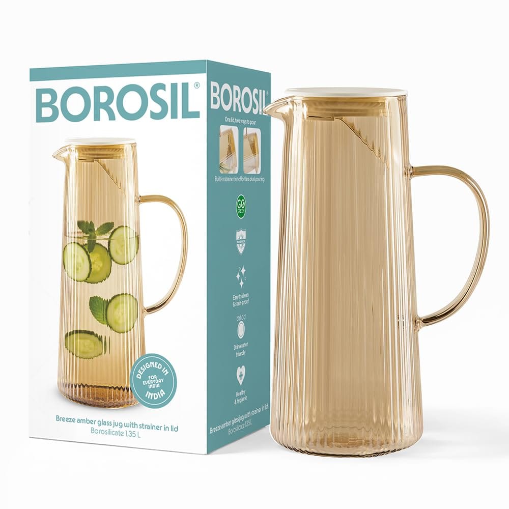 Borosil 1.35 L Breeze Grey Glass Jug with Acacia Wood Lid | Borosilicate Glass Water & Juice Pitcher | Refrigerator Safe | Elegant Serving Jug for Home & Dining