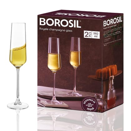 Borosil 190ml x 2pc Royale Champagne Glass Set | Wine Glasses for Red & White Wine, Cocktails & Mocktails | Elegant Glassware for Home, Parties & Gifting