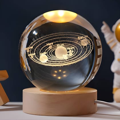 3D Crystal Ball Night Lamp with Wooden Base – Solar System Crystal Ball LED Night Light for Bedroom Décor, Table Decoration & Ideal Birthday Gift