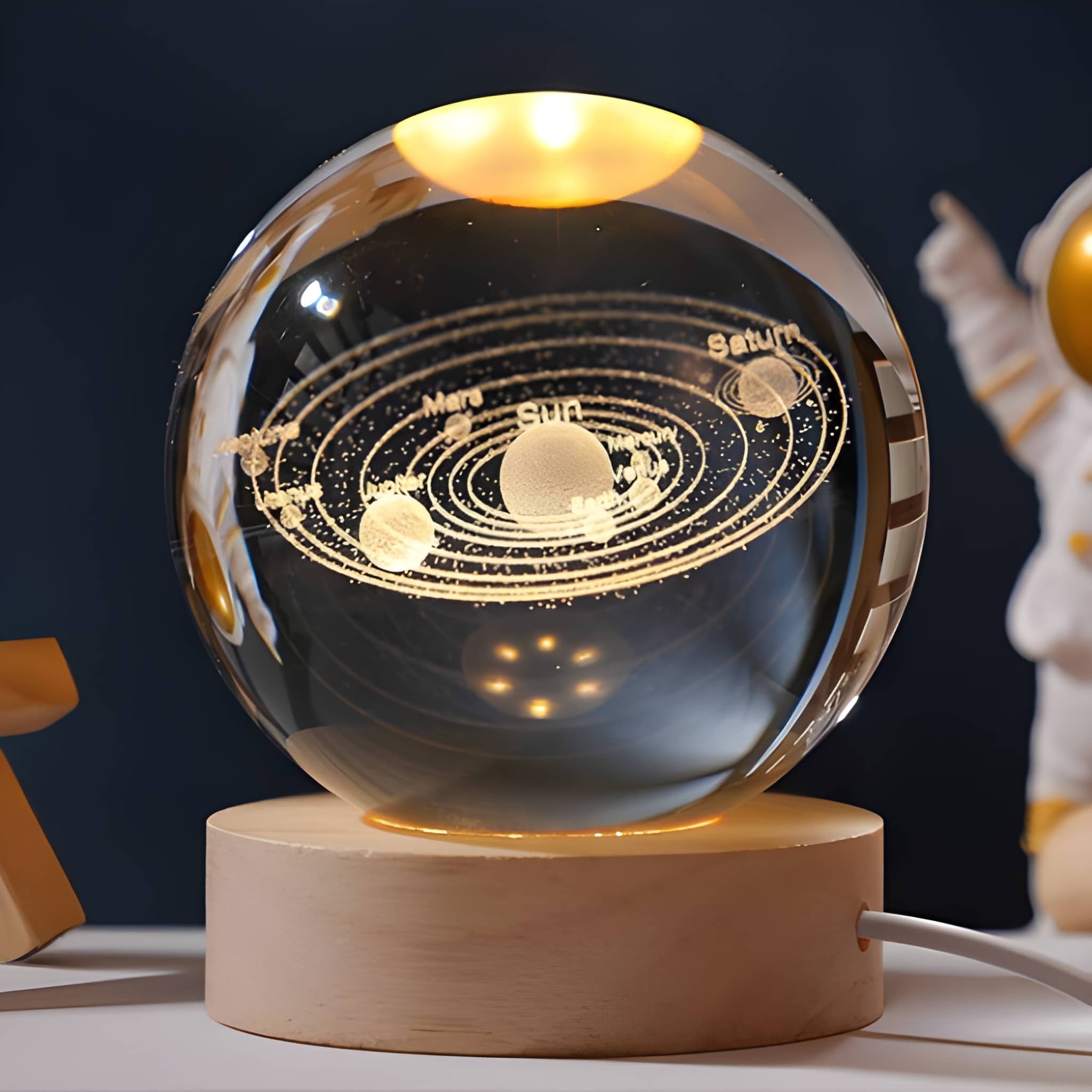 3D Crystal Ball Night Lamp with Wooden Base – Solar System Crystal Ball LED Night Light for Bedroom Décor, Table Decoration & Ideal Birthday Gift
