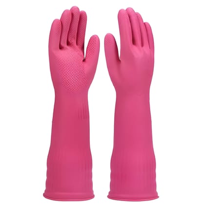 Heavy Duty Rubber Hand Gloves for Dishwashing, Gardening & Kitchen Cleaning – Reusable Non-Slippery Long Elbow Length Safety Gloves for Food Processing, Household & Industrial Use (1 Pair)