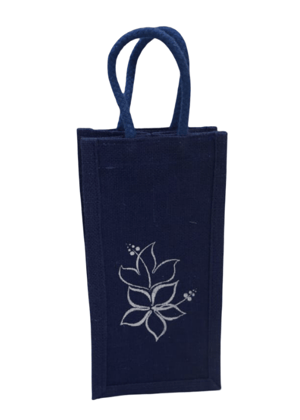 Navy Blue Jute Wine Bag with Floral Design