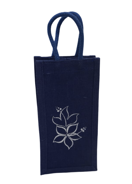 Navy Blue Jute Wine Bag with Floral Design
