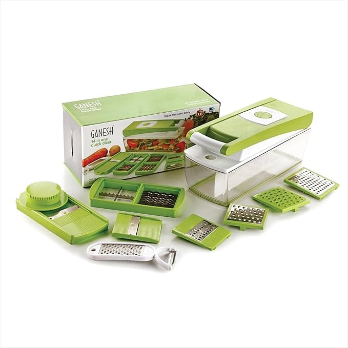 Ganesh 14 in 1 Multipurpose Chopper, Fruits & Vegetable Cutters, Grater Peeler Chipser (Green, Plastic)