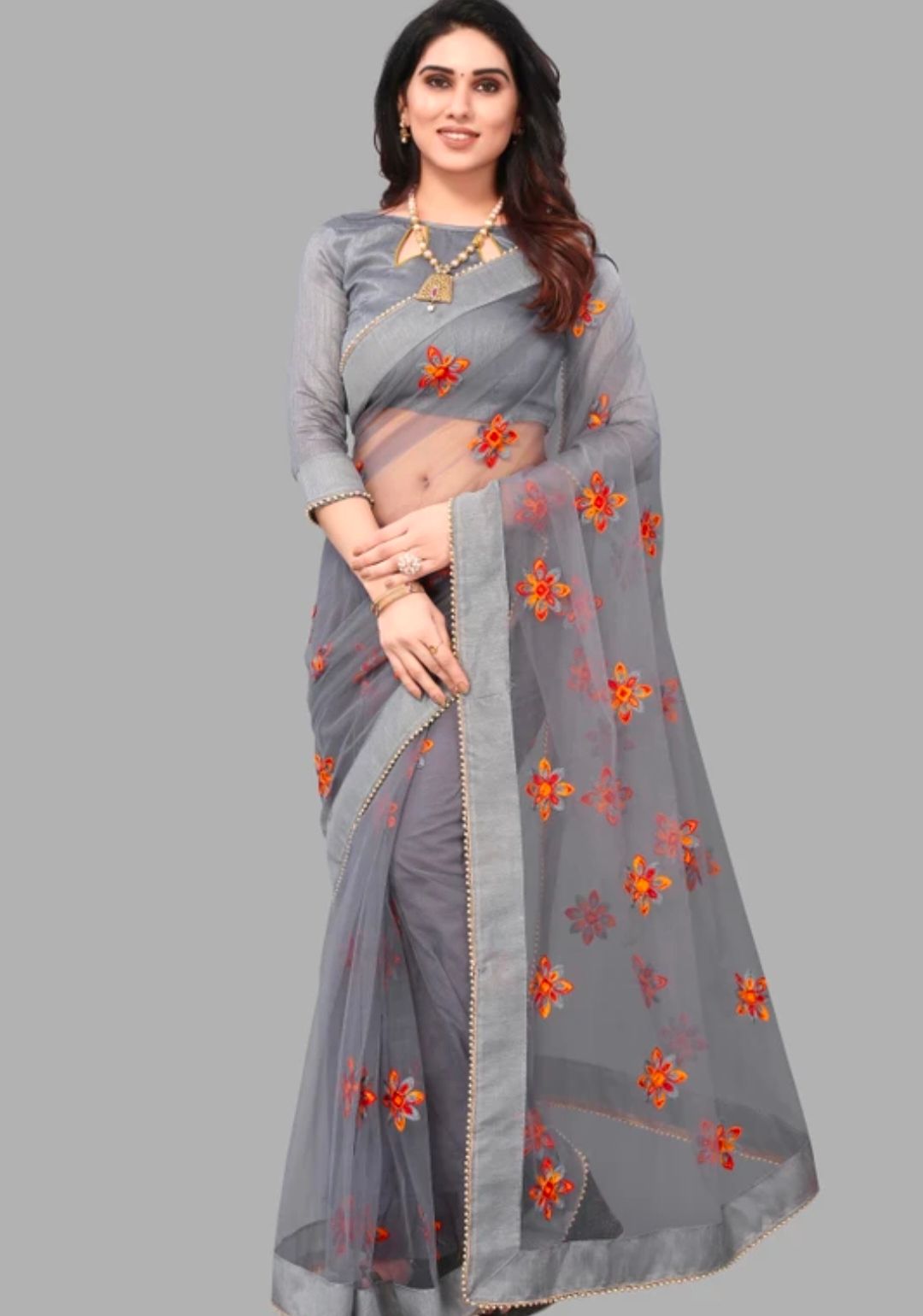 Women's Grey Net Saree with Embroidered Flowers and Blouse Piece