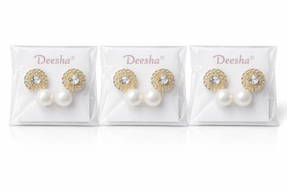 Deesha Gold Plated Crystal and Pearl Earrings (3 Pairs)