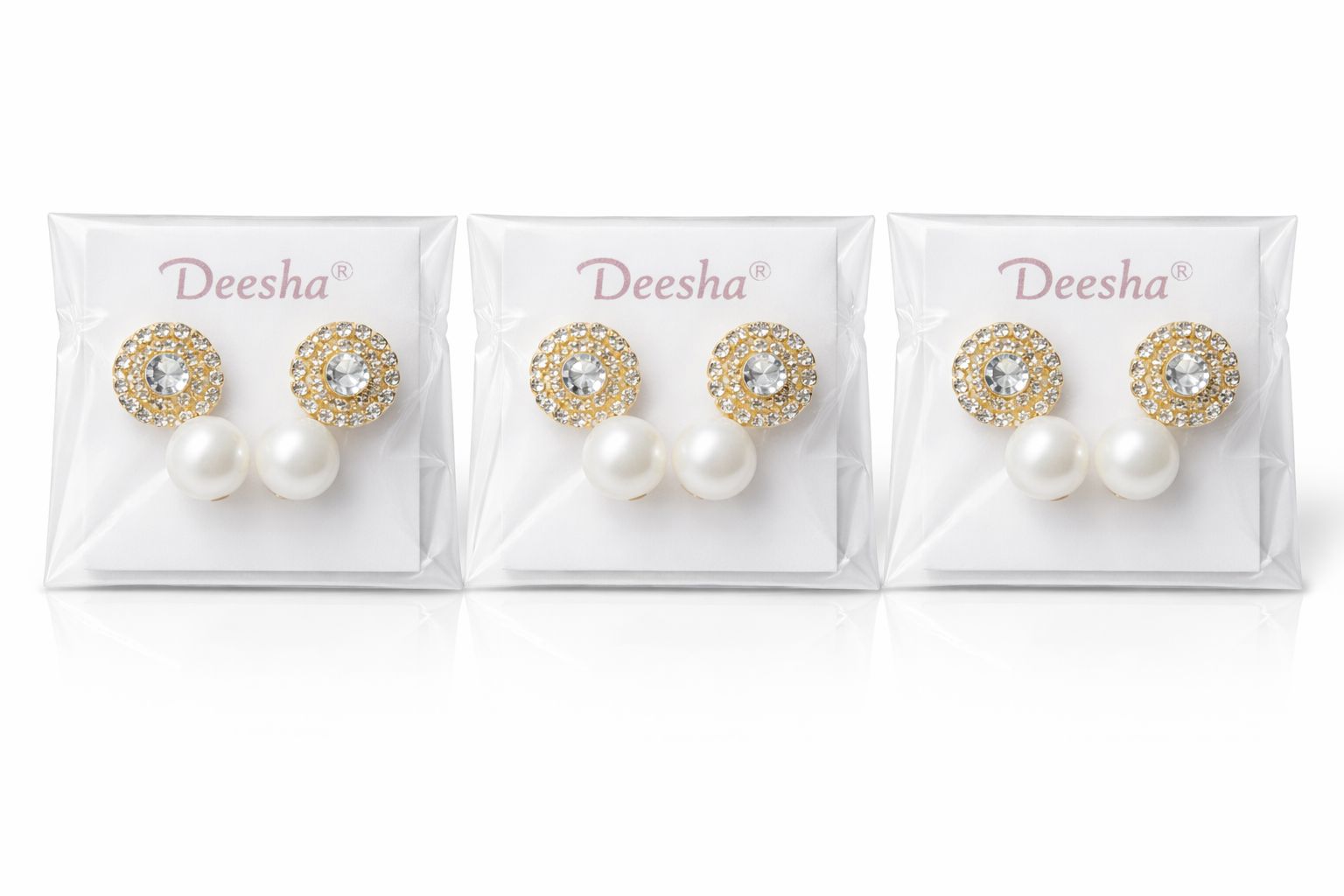 Deesha Gold Plated Crystal and Pearl Earrings (3 Pairs)