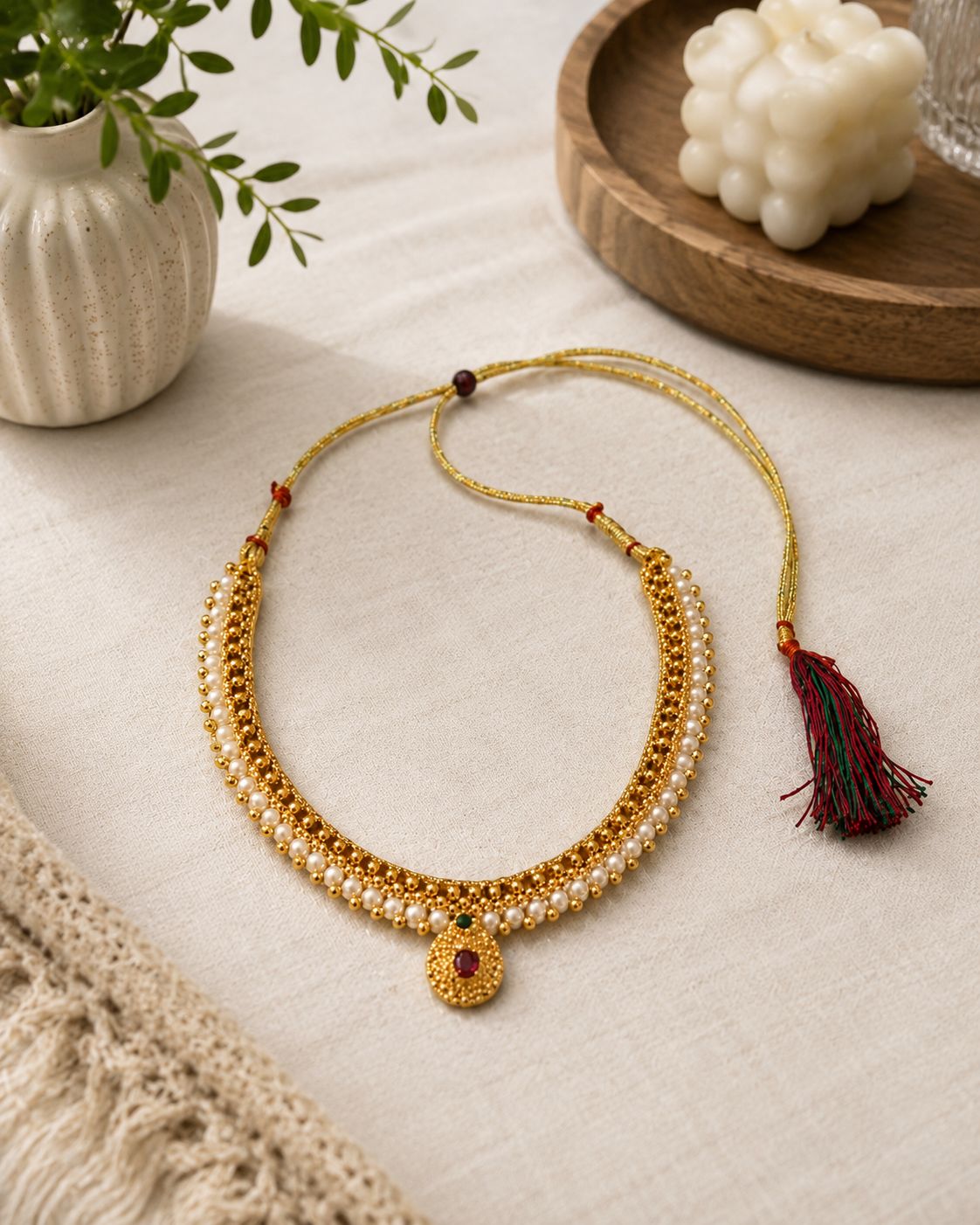 Gold Plated Traditional Kolhapuri Thushi Necklace with Pearls and Ruby