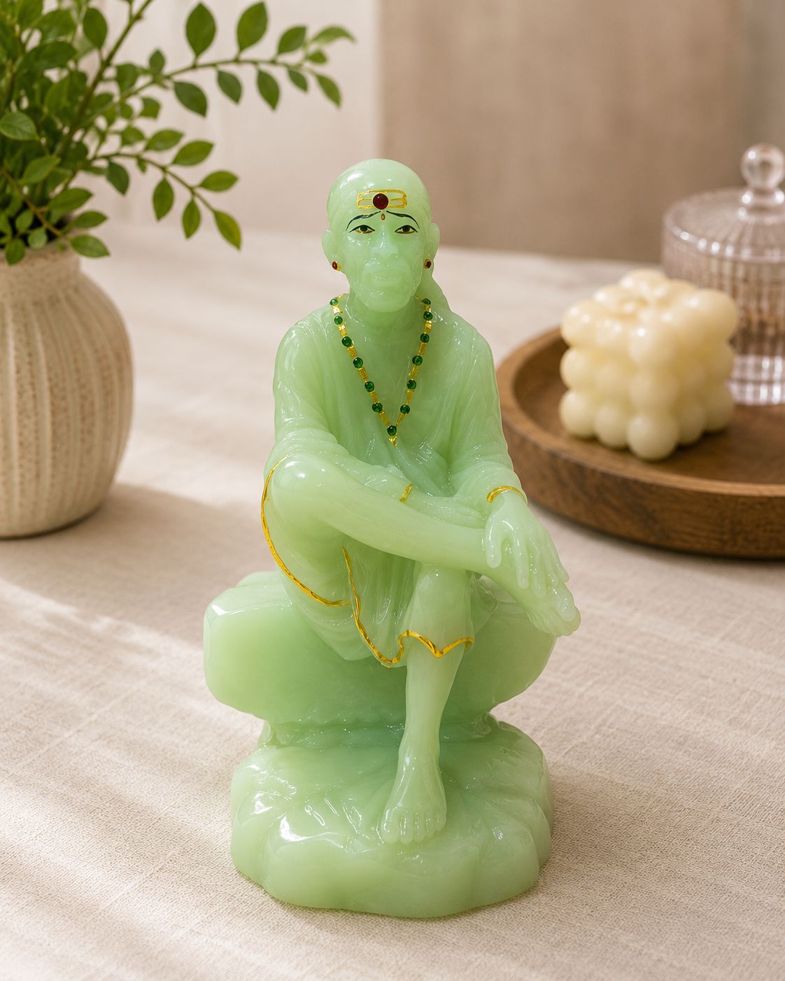 Handcrafted Green Stone Seated Shirdi Sai Baba Idol