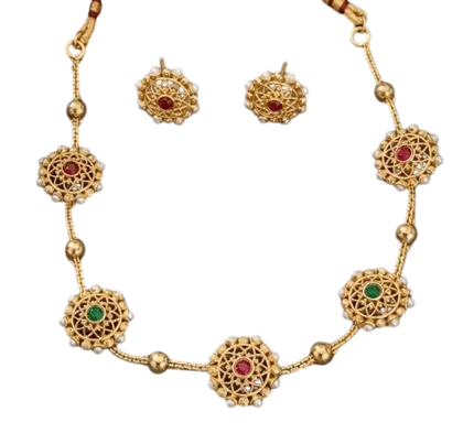 Gold Plated Filigree Necklace Set with Red and Green Stones Gold Plated Filigree Necklace Set with Red and Green Stones