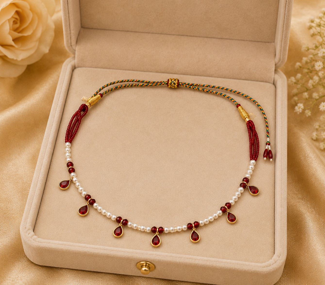 Traditinal Beaded Choker with Pearl & Red Stone Charm Drops