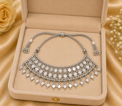 Traditional Silver Mirror Work Choker Necklace
