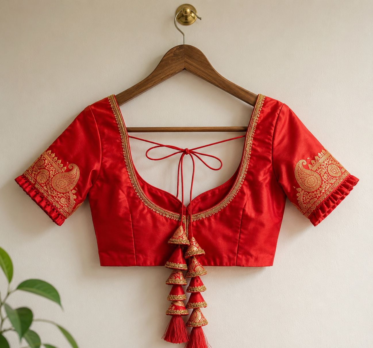 Women's Embroidered Red Saree Blouse with Tassels