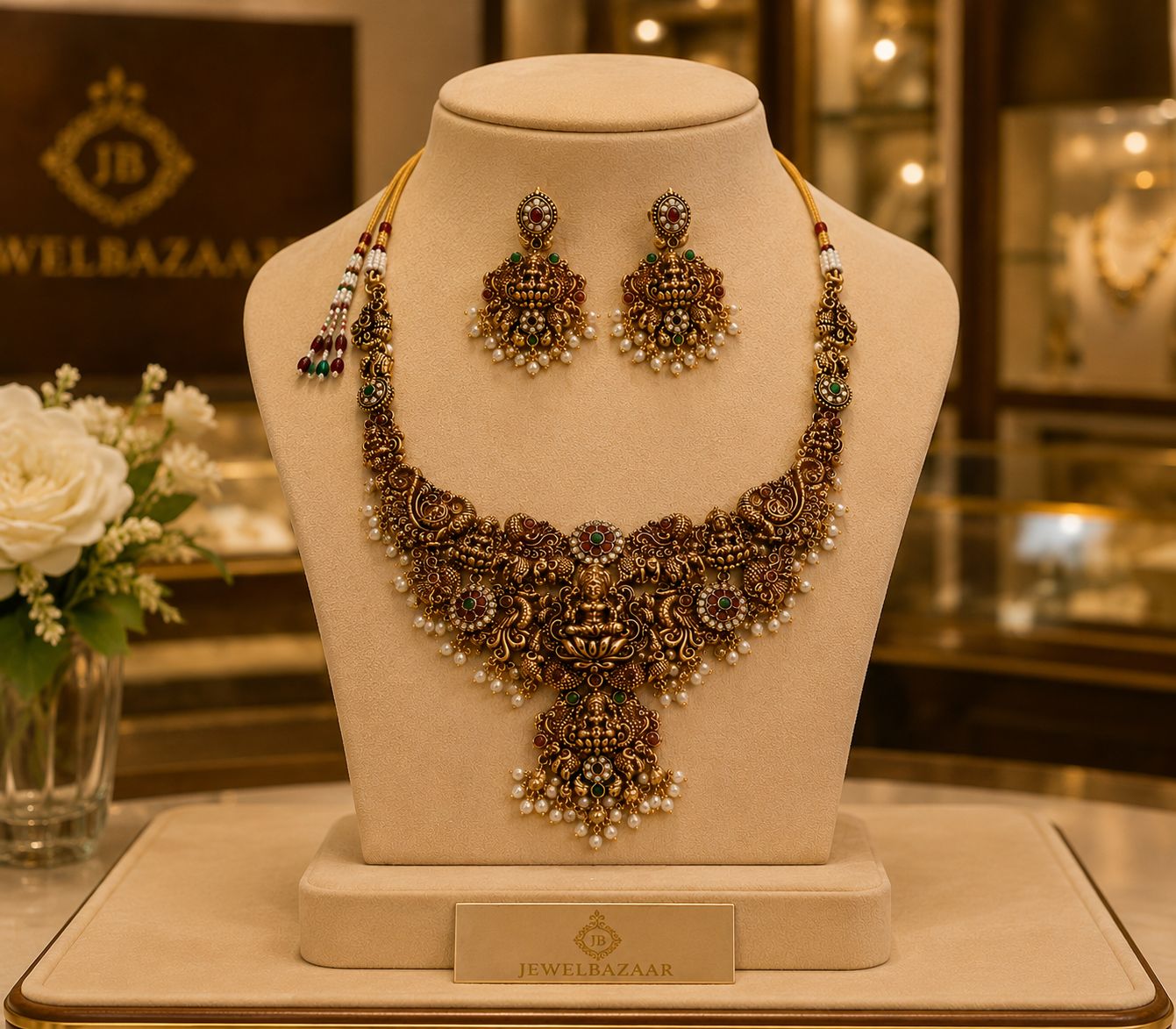 Gold Plated Peacock Choker Jewelry Set with Red Stone and Pearls