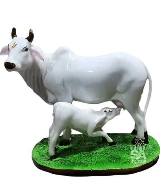 SA Gifts Cow and Calf White Marble Dust Statue for Home Decor