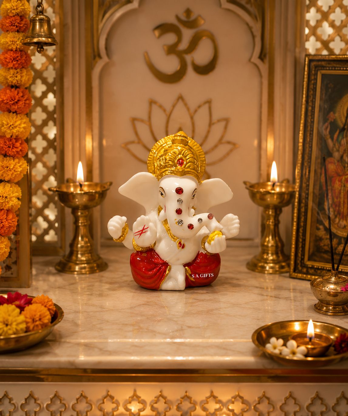 SA Gifts White Ganesha Idol with Gold and Red Accents