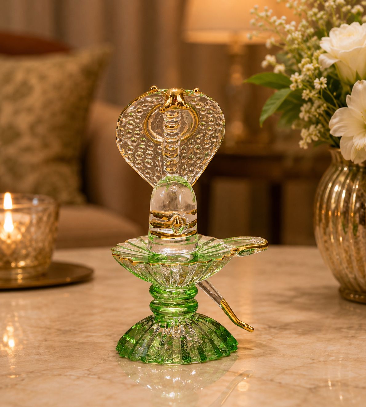 Glass Shivling with Green Stand and Gold Sheshnag - 10 cm