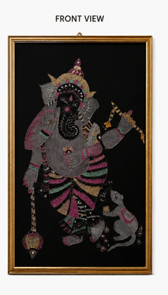 Handcrafted Ganesha Embroidery Wall Art in Gold Frame