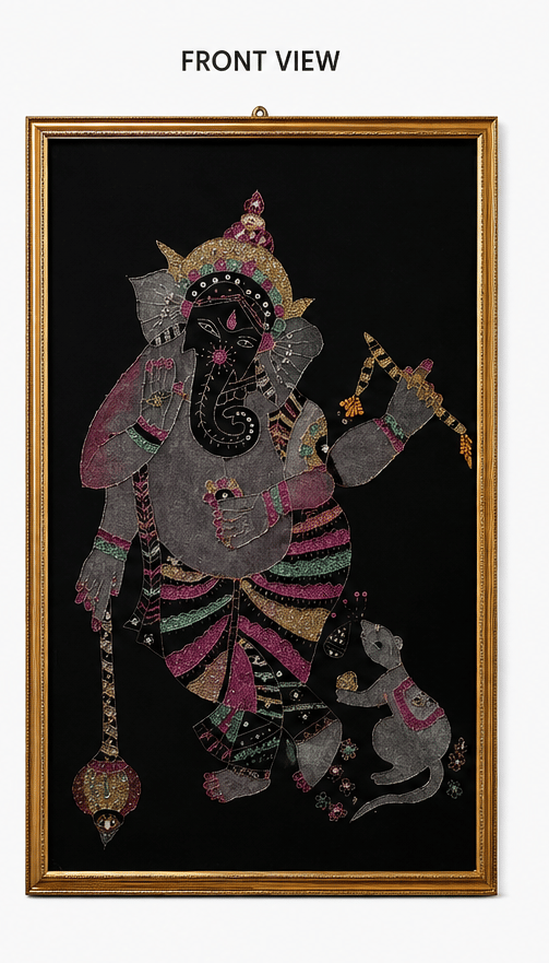 Handcrafted Ganesha Embroidery Wall Art in Gold Frame