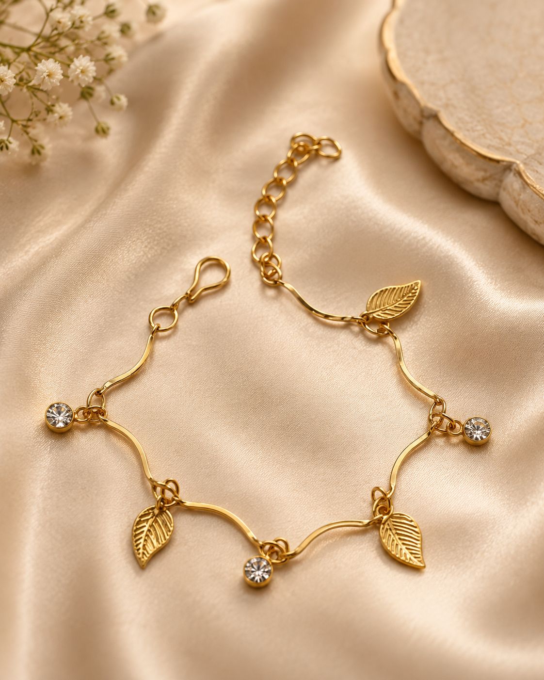 Gold Plated Crystal and Leaf Charm Adjustable Bracelet