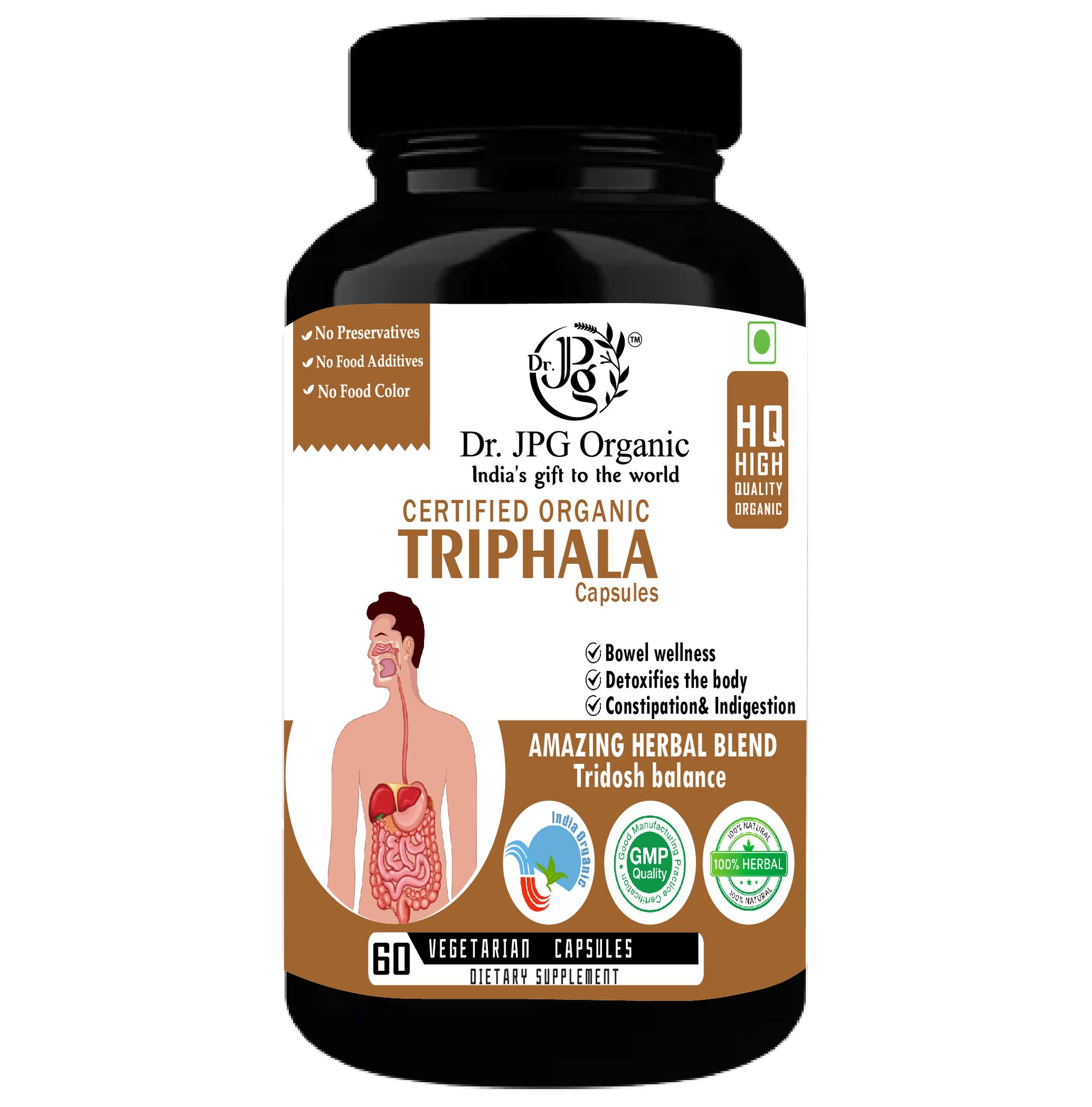 Dr JPG Organic Herbals  Triphala Capsules 500mg, 60veg. Capsules| Improve Digestion  | INDIA Orgnaic Certified.