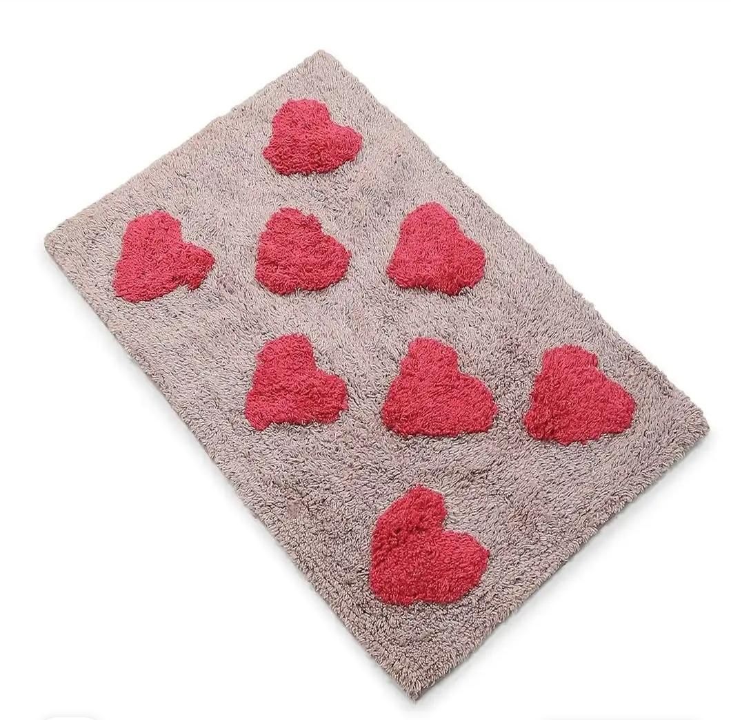 Soft Taupe Heart Print Cotton Bath Mat (60x40cm)