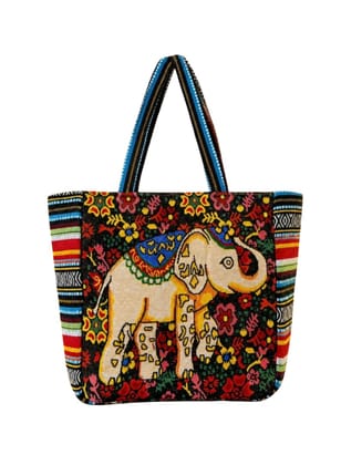 Handicraft Elephant Embroidered Tote Bag with Striped Sides