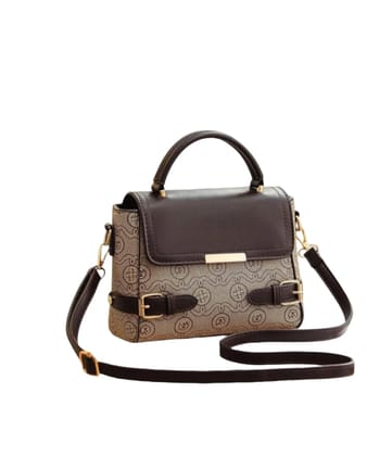 Women's Satchel with Top Handle and Print, Dark Brown Women's Satchel with Top Handle and Print, Dark Brown