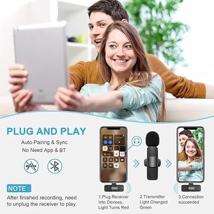 K9 Wireless Microphone Set for Android, Portable Clip-on Lavalier Mic with Receiver, Black, Live Stream Recording