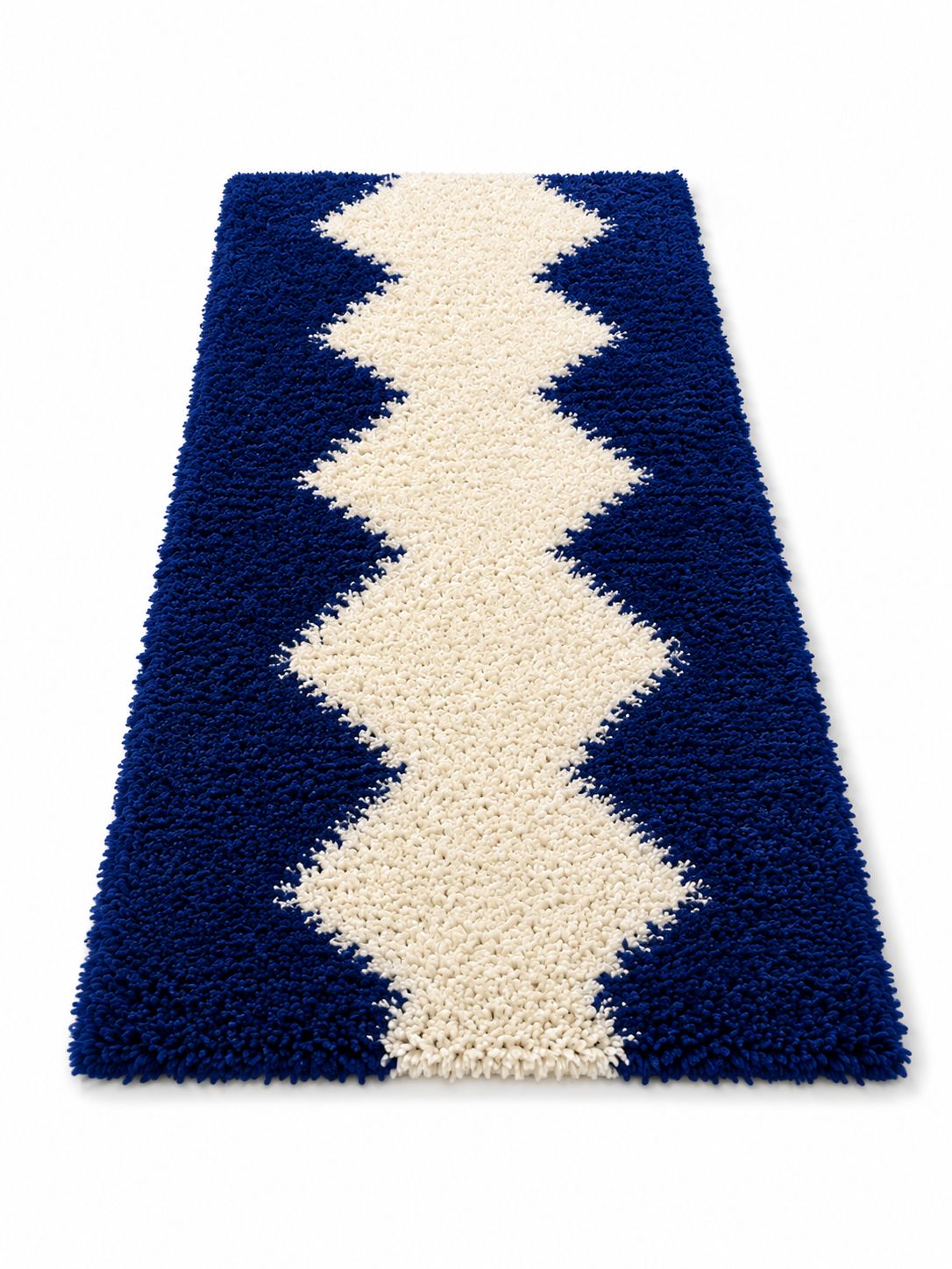 Hand-Knitted Shaggy Diamond Pattern Runner, Blue and Cream