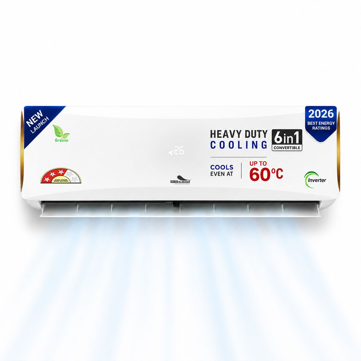 INDcool Heavy Duty Dubai Series 1.5 Ton 3 Star Inverter Split AC ( 2026 Model IDCACSBFE18K3D), Cooling up to 60°C, 100% Copper Condenser, Blue Fin Anti-Rust Coating, Turbo Cooling