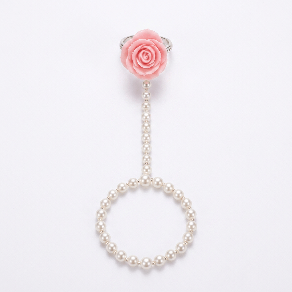 Faux Pearl and Pink Rose Flower Hand Harness Bracelet for Women
