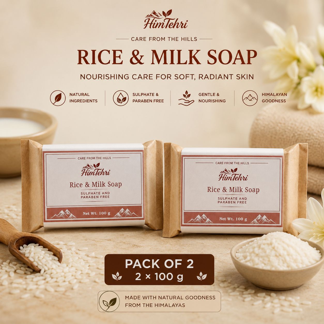 HimTehri Rice & Milk Soap – Pack of 2 | Natural Handmade Herbal Bath Soap | 100g Each