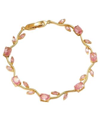 Women's Gold Plated Floral Link Bracelet with Pink Cubic Zirconia Women's Gold Plated Floral Link Bracelet with Pink Cubic Zirconia