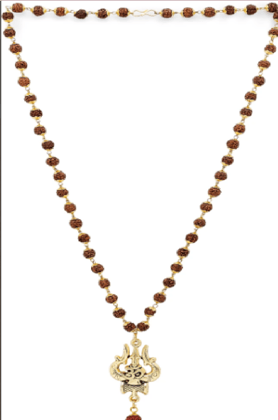 Gold Plated Rudraksha Trishul Shiv Om Pendant Mala Necklace Gold Plated Rudraksha Trishul Shiv Om Pendant Mala Necklace